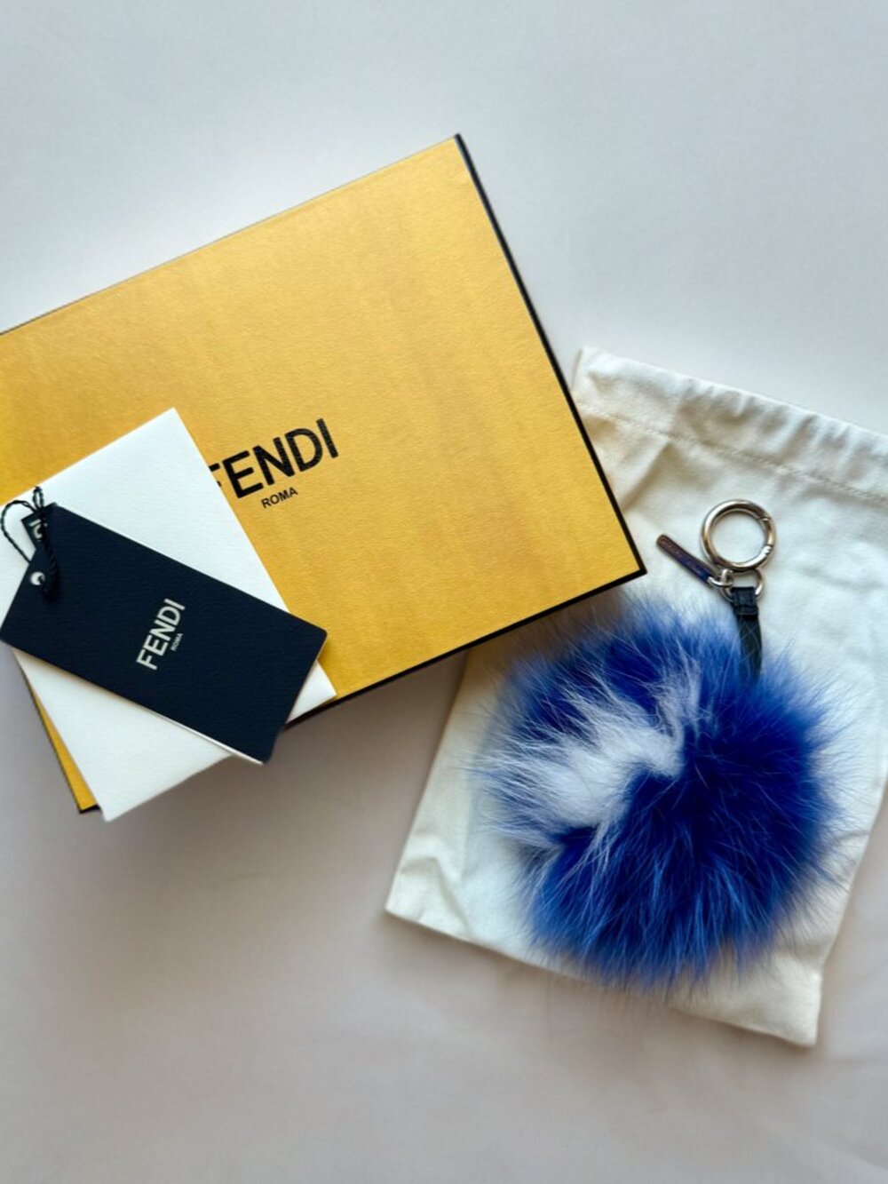 Fendi Blue White Fox Fur Pom Pom Bag Charm